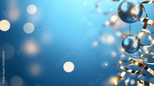 Blue background with two blue Christmas ornaments hanging from a ribbon. Minimalistic background.