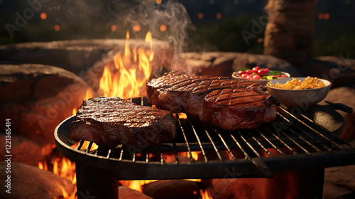 Obraz na płótnie Mouthwatering Steak Dinner by the Campfire w salonie