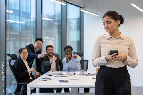 Colleagues mocking new office worker. Unethical workplace behavior, various people discussing and insulting woman behind her back.