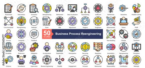 Business Process Reengineering Icon Collection Set.Containing Assessment, Intervention, Evaluation, Reengineering, Refinement, Data visualization, icon. Simple lineal style Vector Illustration.	

