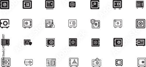 Safe box icon set, protection, security, business, money, safe, safety, box, storage, lock, bank, secure, finance, banking, treasure, door, steel, wealth, password, code, metal, vault, financial.