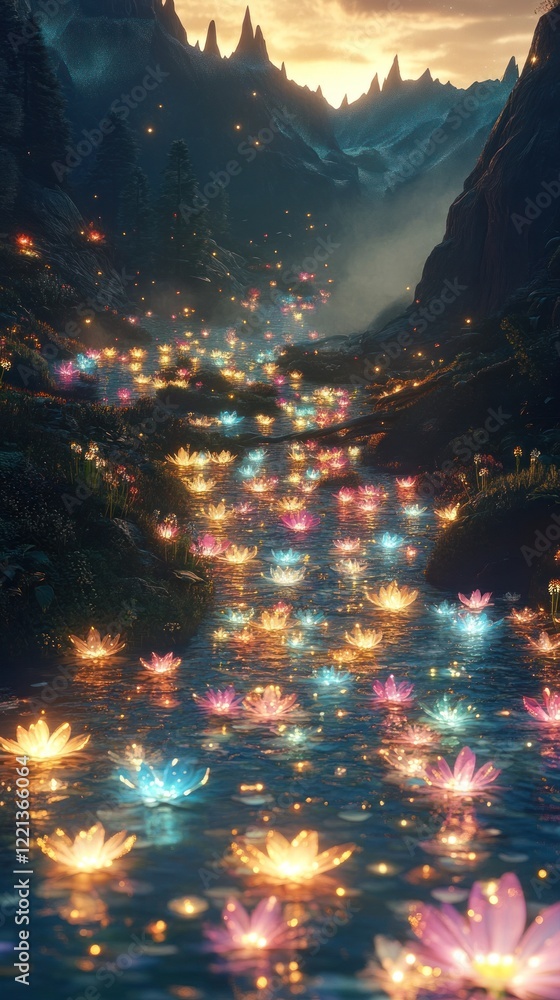 Obraz premium Enchanting Lotus Filled Riverscape in Ethereal Nighttime Landscape Mystical and surreal scene with glowing lotus flowers floating on a river surrounded by mountains fog