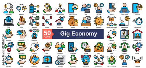 Gig Economy Icon Collection Set.Containing Employment, Efficiency, Outsource, Time management, Crowdsourcing, Virtual Assistant, Work, Gig work icon. Simple lineal style Vector Illustration.