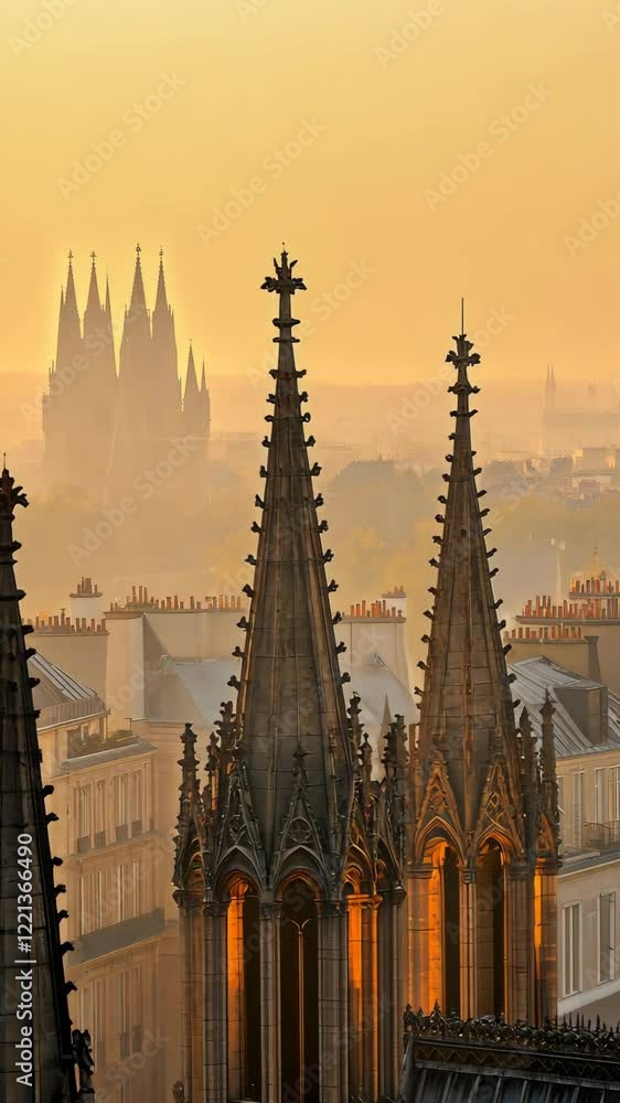 Gothic architecture towers at sunset in an urban skyline with distant landmarks cloaked in mist Gothic architecture towers at sunset in an urban skyline with distant landmarks cloaked in mist