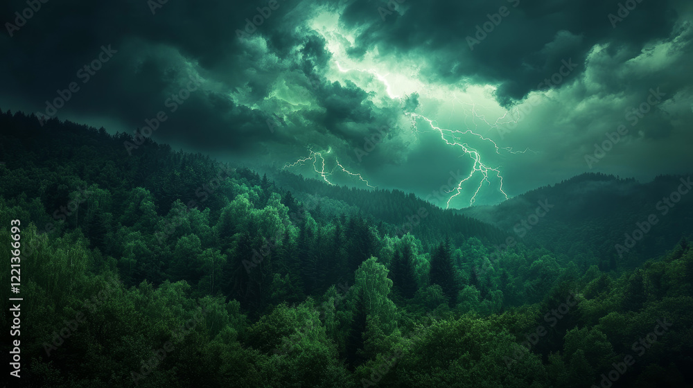 Dark and Stormy Sky with Green Lightning Striking Across Black Clouds, Illuminating a Dense Forest Below, with the Green Trees Shimmering in the Intense Light of the Electric Storm Dark and Stormy Sky with Green Lightning Striking Across Black Clouds, Illuminating a Dense Forest Below, with the Green Trees Shimmering in the Intense Light of the Electric Storm