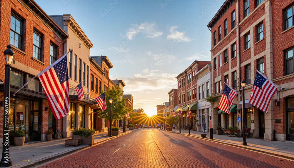 Obraz premium Historic American buildings adorned with flags at sunset, Independence Day