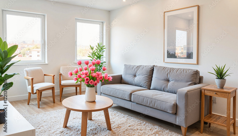 Fototapeta premium Rearranging living room furniture in modern decor, spring cleaning