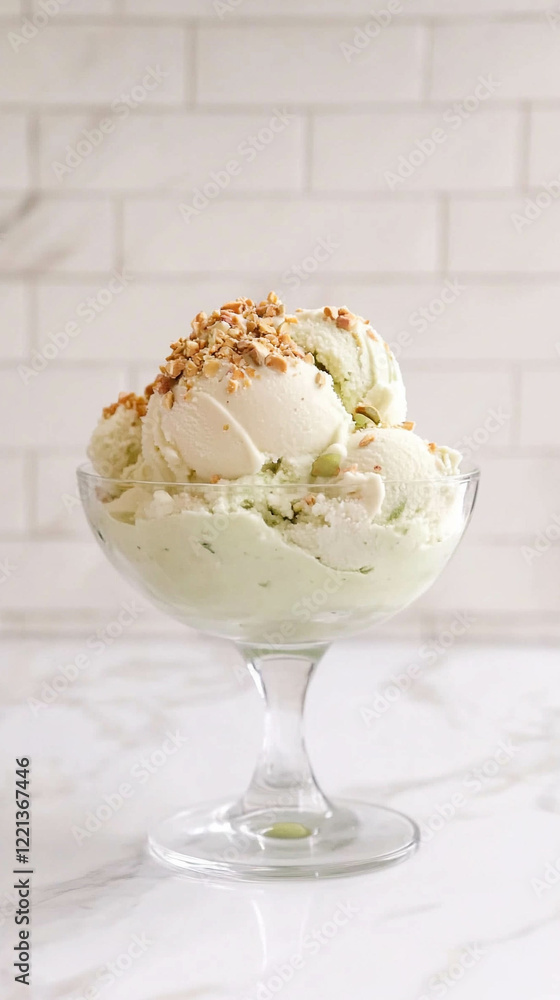 Vertical photo of a pistachio ice cream on a beautiful glass on a white marble counter Vertical photo of a pistachio ice cream on a beautiful glass on a white marble counter