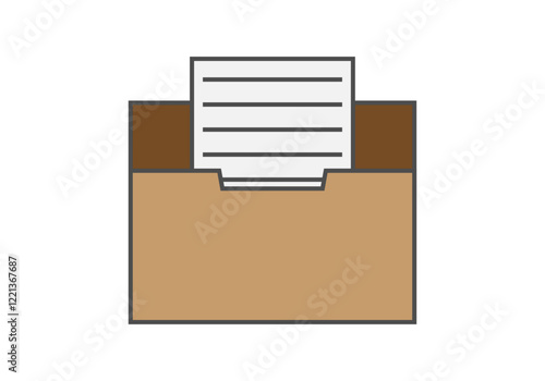 Caja marrón con documento escrito en fondo blanco