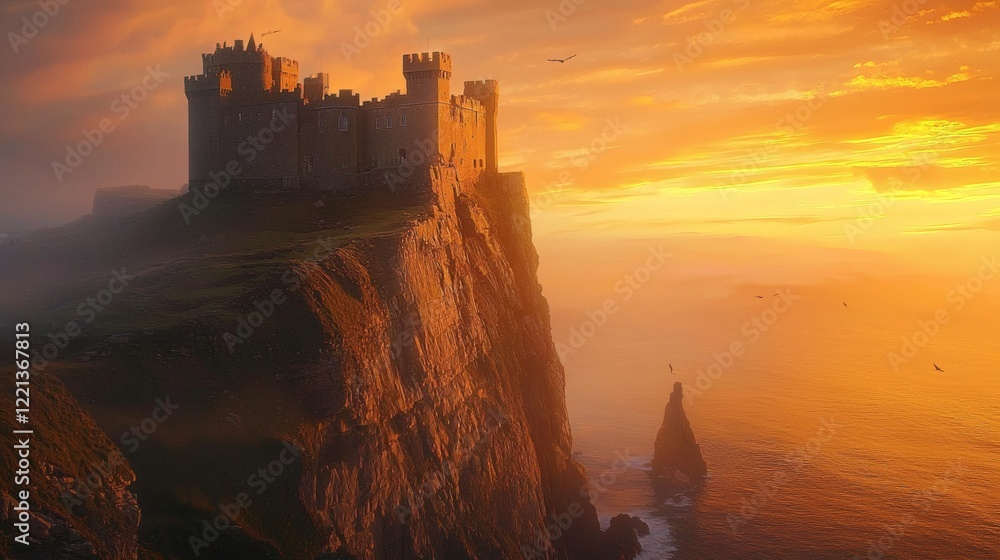 Fototapeta premium 35. A dramatic cliffside castle glowing under the warm hues of an ethereal sunset