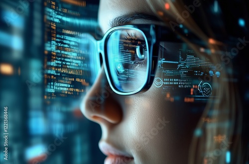 Woman studying complex data patterns while wearing glasses in a futuristic environment