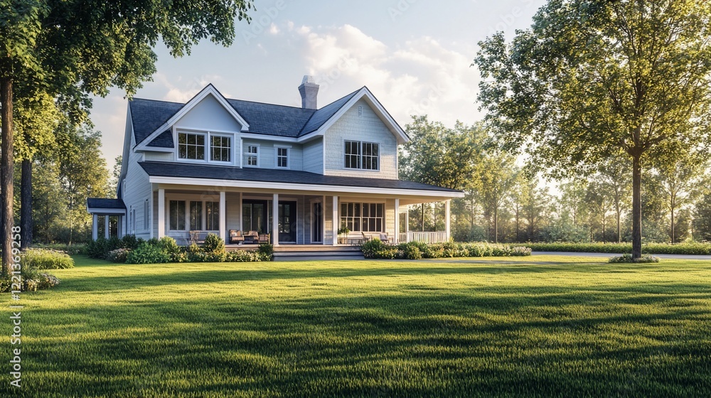A spacious two-story house with a large front porch surrounded by lush green trees and lawn A spacious two-story house with a large front porch surrounded by lush green trees and lawn