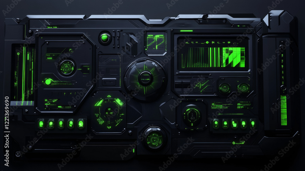 A dark, sleek digital interface with black panels and glowing green icons, embodying a futuristic user experience A dark, sleek digital interface with black panels and glowing green icons, embodying a futuristic user experience
