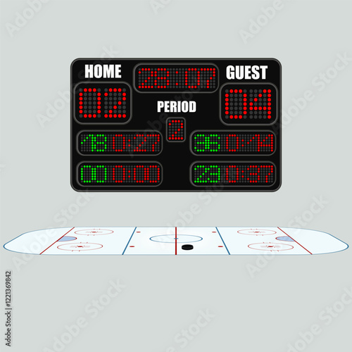 Hockey stadium and scoreboard. Hockey playground top view. Vector
