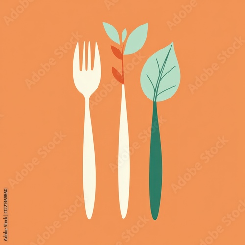 Abstract illustration of utensils and leaves, simple design, for food and eco themes, suitable for restaurant, healthy food, or meal planning concepts photo