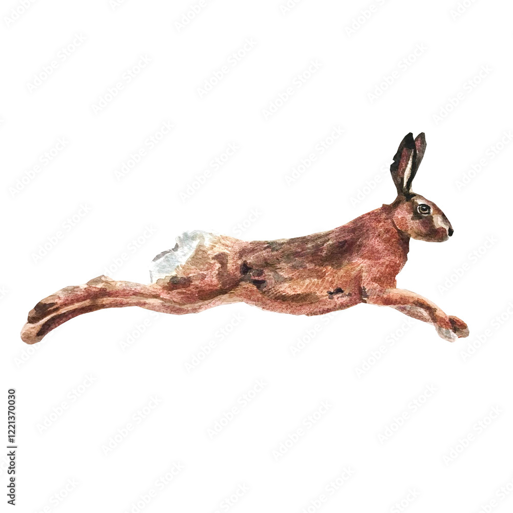 Fototapeta premium Freehand watercolor illustration of a cute brown bunny, isolated on a white background. Hand drawn watercolour Hare. Soft, detailed, and perfect for designs or prints