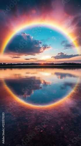 Breathtaking sunset landscape with a vibrant rainbow reflected in the calm waters of a serene lake creating a mesmerizing and ethereal scene