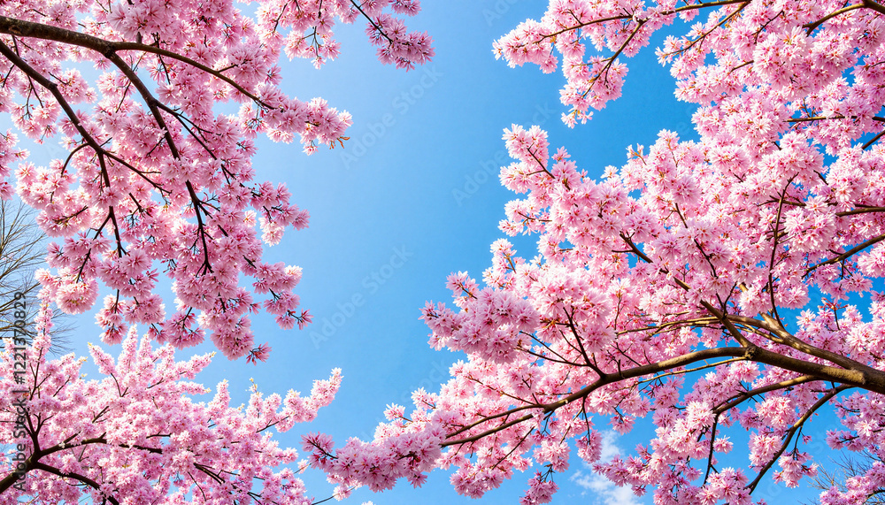 Blossoming cherry trees framed by blue sky, springtime beauty Blossoming cherry trees framed by blue sky, springtime beauty