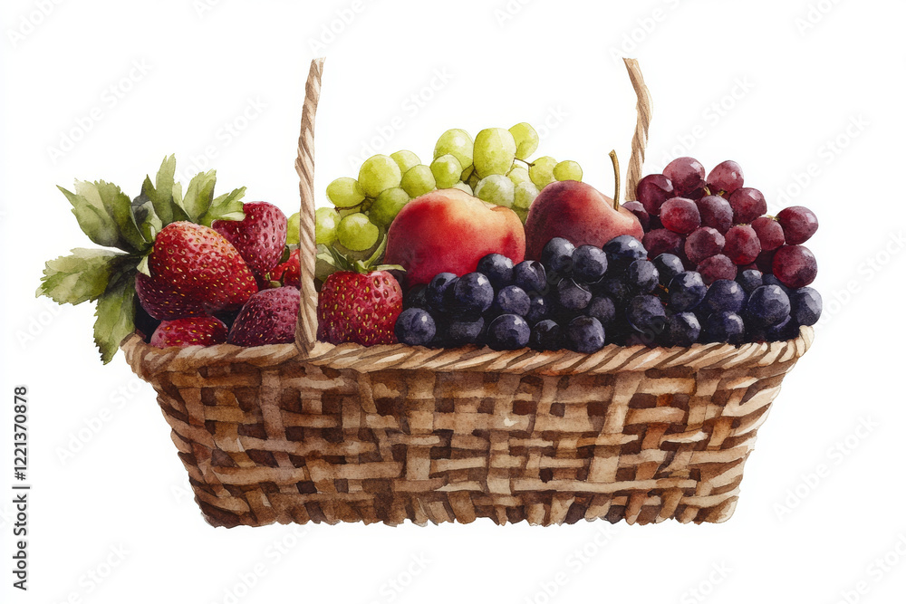vibrant watercolor painting of fruit basket filled with strawberries, apples, green grapes, and dark grapes, showcasing rich variety of colors and vibrant watercolor painting of fruit basket filled with strawberries, apples, green grapes, and dark grapes, showcasing rich variety of colors and