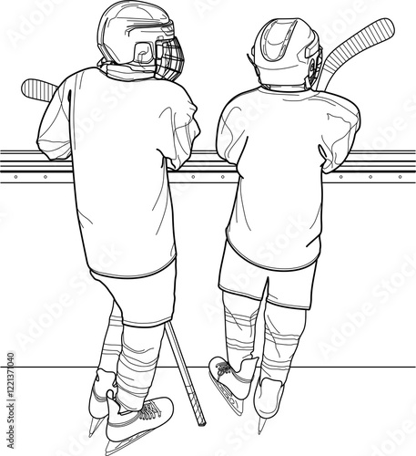 Canvas Print Two Youth HOCKEY players, friends, teammates, siblings, brothers, seen from behi