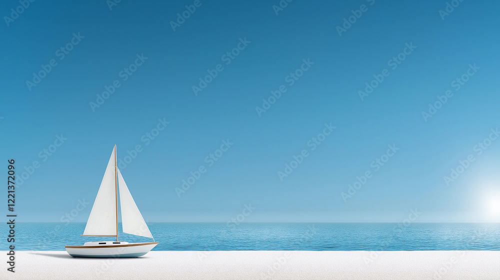 Obraz premium White sailboat is on the beach. Minimalistic background.