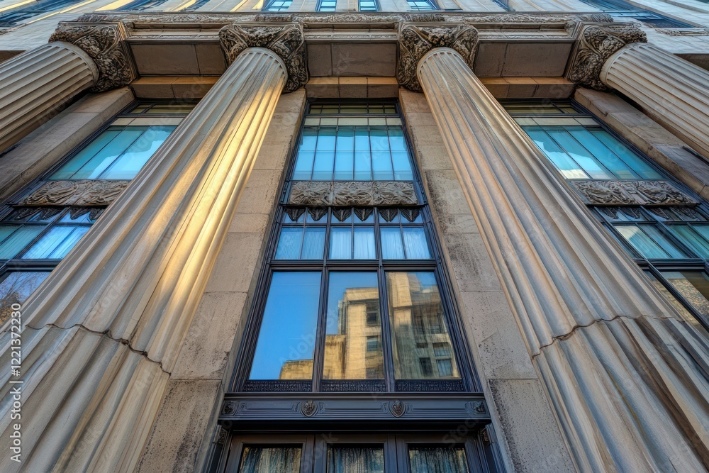 Obraz premium A polished art deco building with fluted stone columns, geometric window frames, and metal accent details