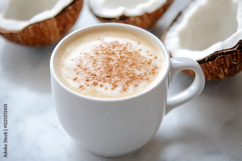 A creamy coconut chai latte with frothy milk and a sprinkle of cinnamon, served in a sleek white mug. A creamy coconut chai latte with frothy milk and a sprinkle of cinnamon, served in a sleek white mug.