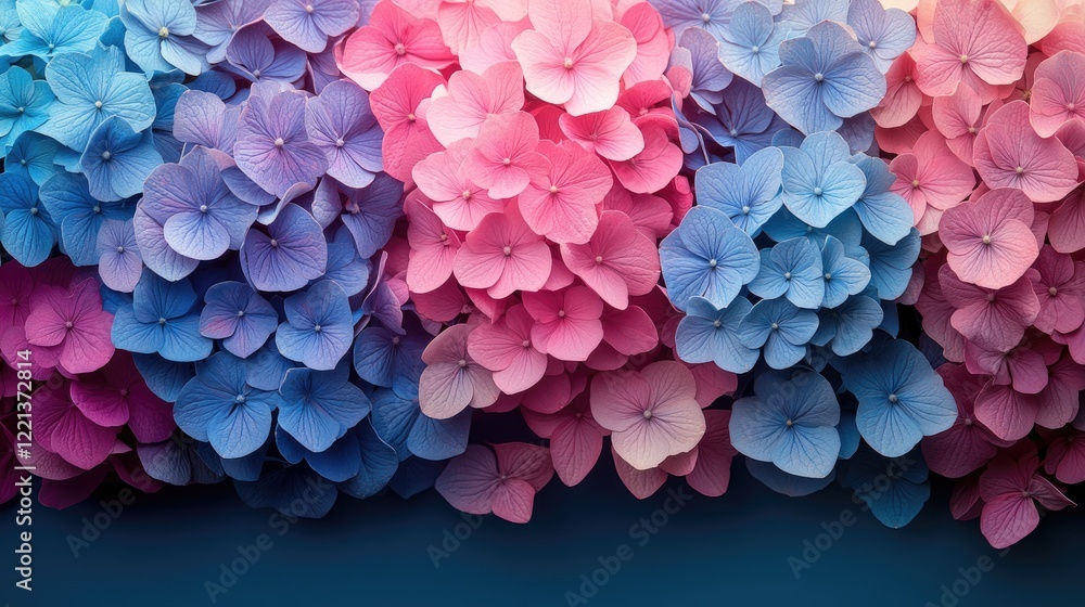 Obraz premium A close-up view of hydrangea flowers in various shades of blue and soft pink,