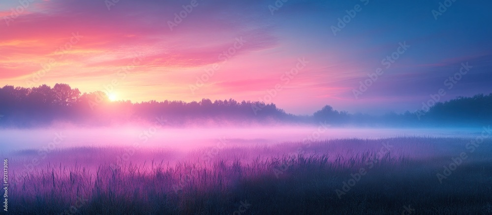 Obraz premium Breathtaking sunset landscape with misty fields vibrant purple and pink sky and silhouetted trees Serene and tranquil nature scene with a magical ethereal atmosphere