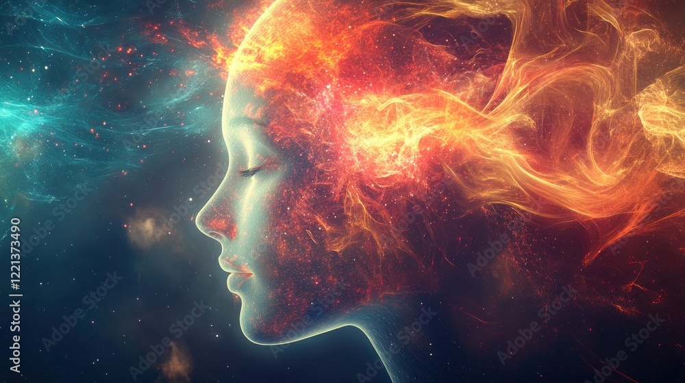 Cosmic Consciousness: A fiery digital art depicting a serene woman's head engulfed in celestial flames, symbolizing the power of inner peace and spiritual awakening. Cosmic Consciousness: A fiery digital art depicting a serene woman's head engulfed in celestial flames, symbolizing the power of inner peace and spiritual awakening.