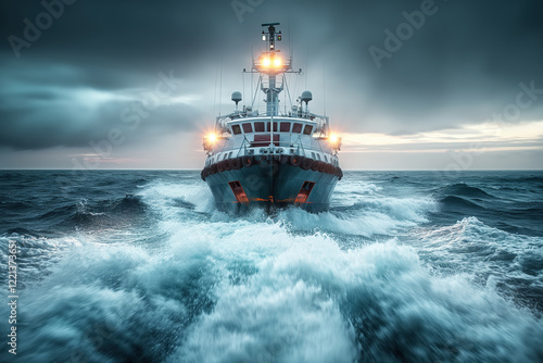 Powerful ship navigating stormy seas with dramatic ocean waves and overcast sky photo