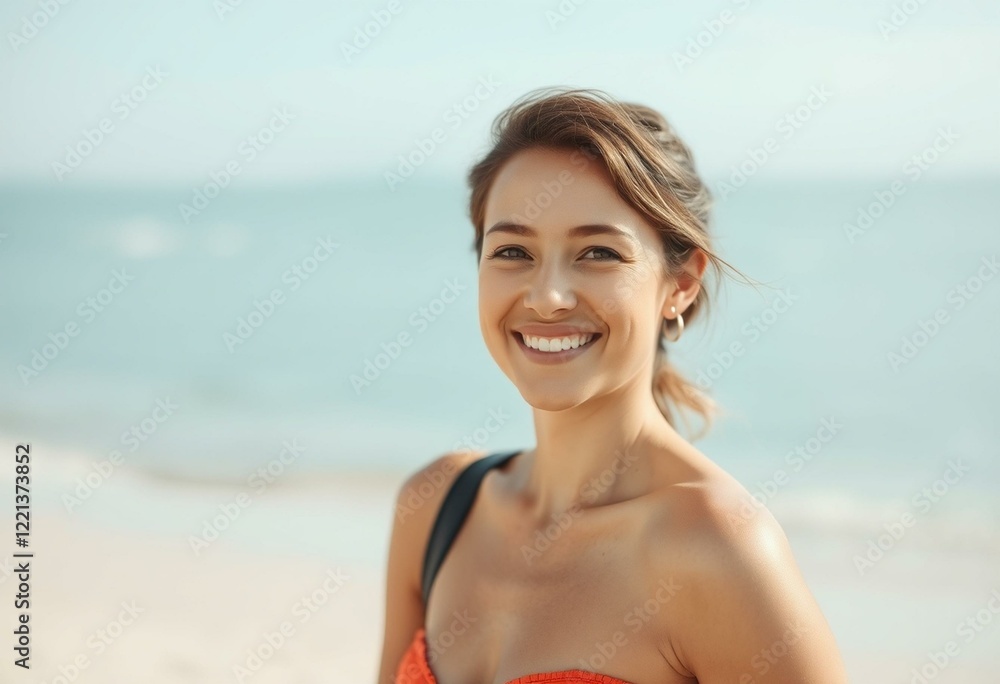 A happy person standing on a beach with a calm sea in the background A happy person standing on a beach with a calm sea in the background