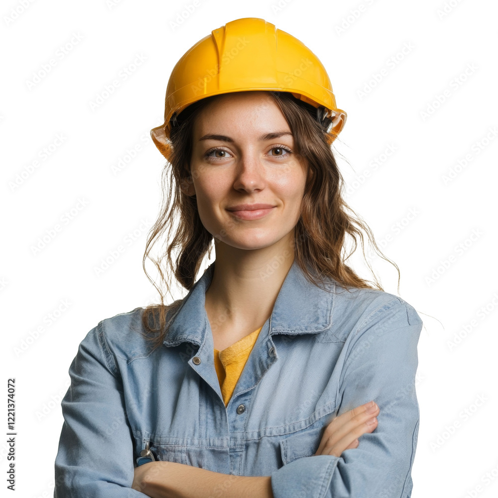portrait of caucasian young smiling woman builder or engineer in helmet and uniform 25-30 years old isolate on white background portrait of caucasian young smiling woman builder or engineer in helmet and uniform 25-30 years old isolate on white background