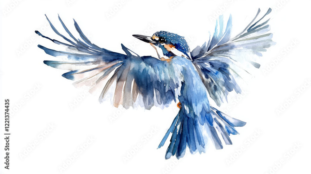 Obraz premium vibrant watercolor painting of kingfisher in flight, showcasing its stunning blue feathers and graceful wings