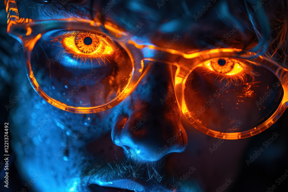 Young man with neon glasses and glowing eyes in blue and orange light Young man with neon glasses and glowing eyes in blue and orange light