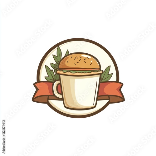 Burger in a mug, leaves, ribbon, cafe menu design photo