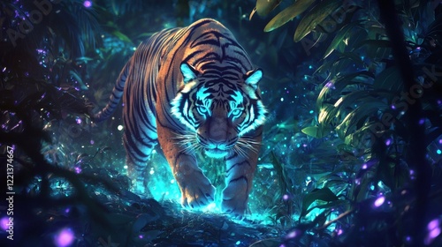 137. A glowing tiger prowling through an ethereal jungle filled with bioluminescent plants