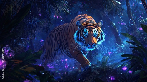 137. A glowing tiger prowling through an ethereal jungle filled with bioluminescent plants