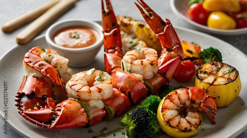 Grilled lobster tail and shrimp skewers on a plate, complemented by colorful roasted vegetables and dipping sauce. photo