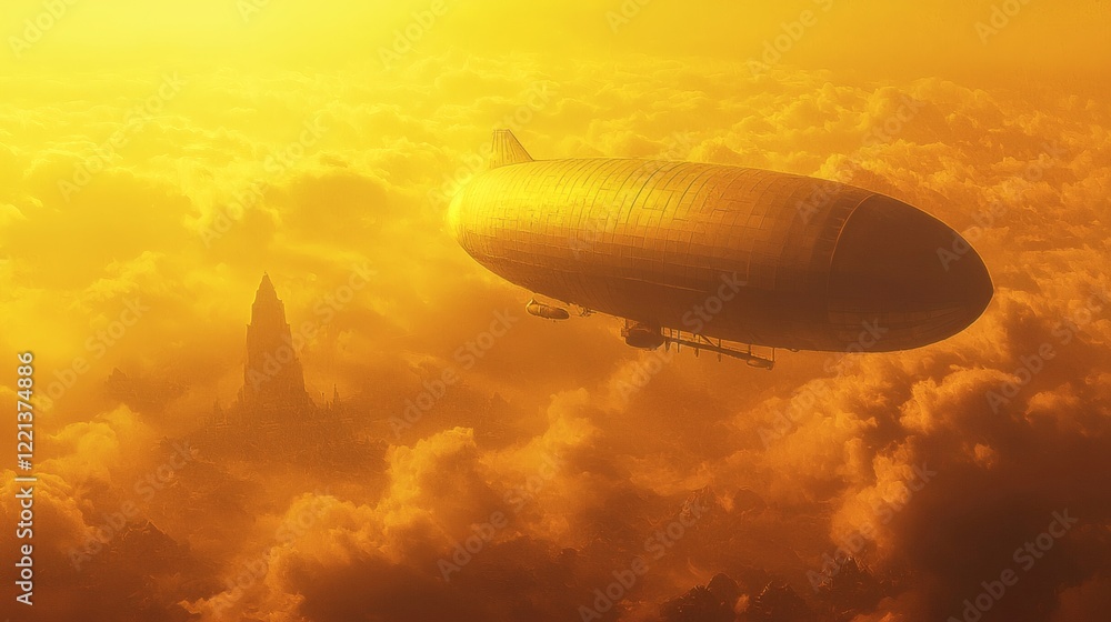 Naklejka premium 139. A glowing zeppelin flying through an ethereal golden sky at dawn
