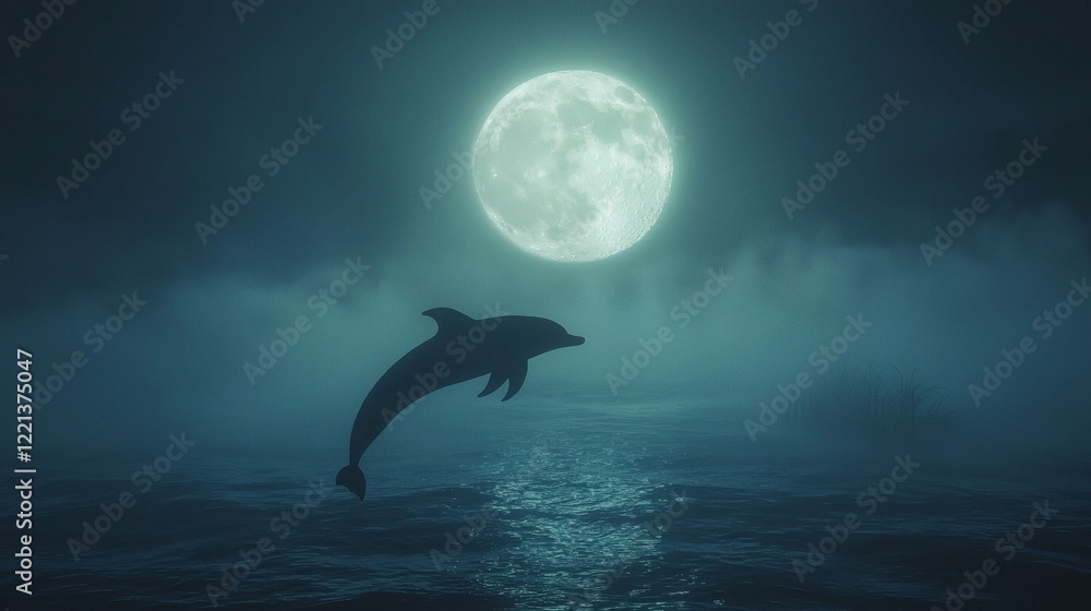 Fototapeta premium 143. A glowing dolphin jumping out of an ethereal ocean lit by the full moon
