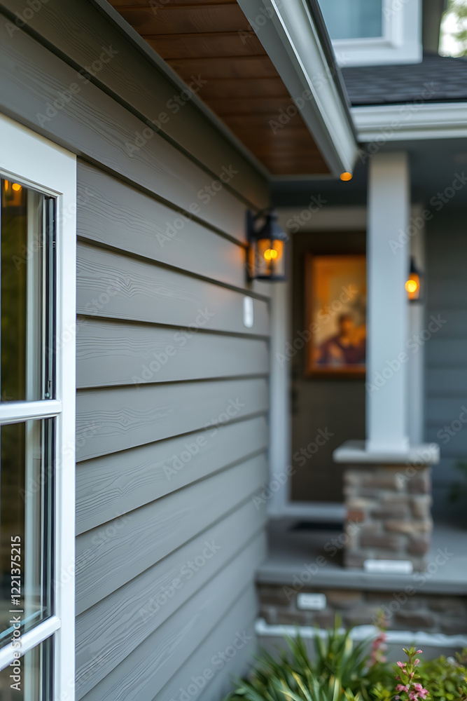 Fototapeta premium Modern House Exterior with Grey Siding, Stone Accents, and Charming Entrance. Perfect for real estate listings and architectural design inspiration.