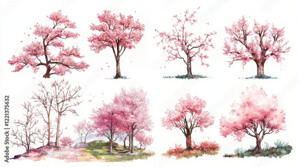 Obraz premium Pink Cherry Blossom Tree in Bloom for Landscape Elevation and Section Views, ideal for spring garden designs and outdoor scenery