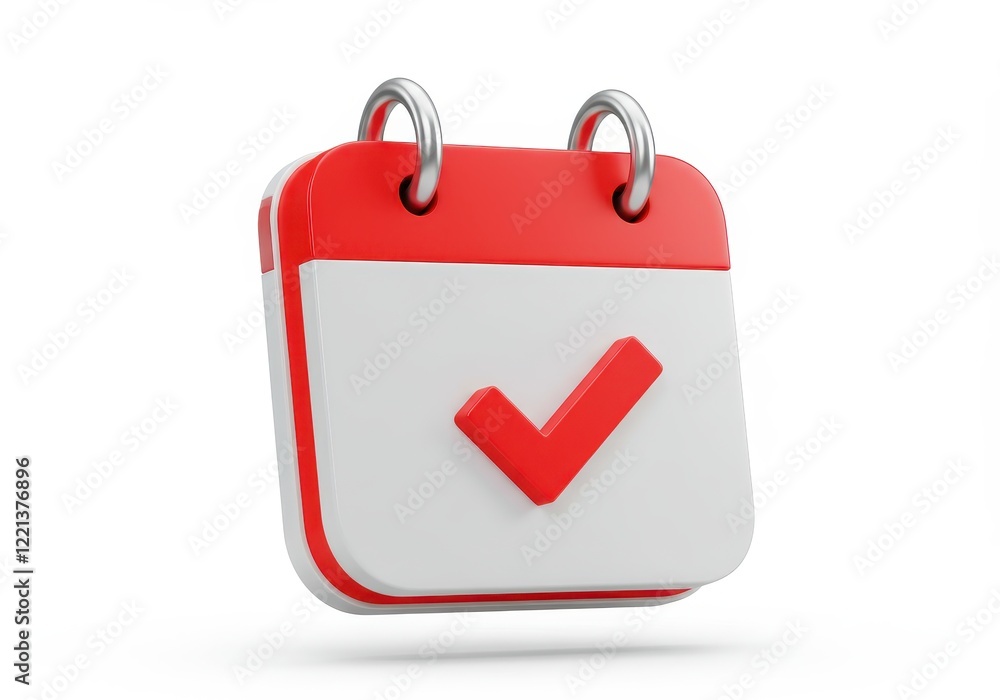 A 3D illustration of a white and red calendar icon with two metallic rings at the top isolated on white background A 3D illustration of a white and red calendar icon with two metallic rings at the top isolated on white background