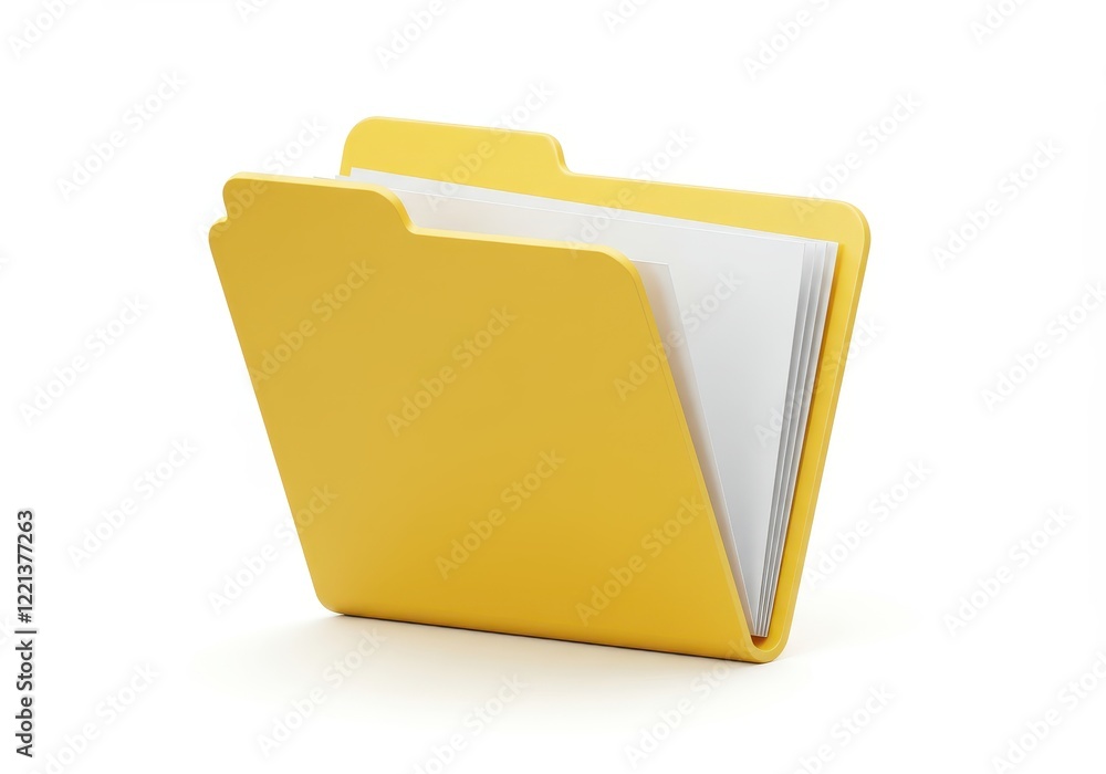 A 3D illustration of a yellow folder with white paper sheets visible inside isolated on white background A 3D illustration of a yellow folder with white paper sheets visible inside isolated on white background
