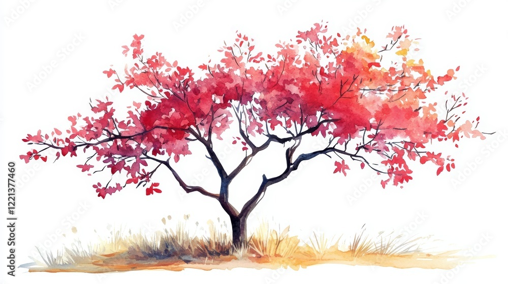 Fototapeta premium Watercolor Blooming Flower Tree Side View for Landscape and Architecture Drawing