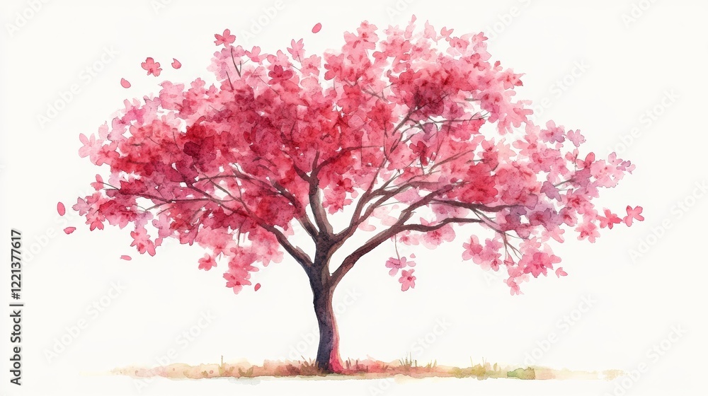 Fototapeta premium Watercolor Blooming Flower Tree Side View for Landscape and Architecture Drawing