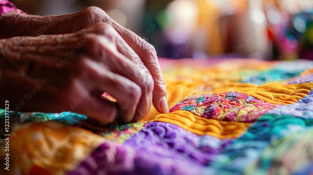 A close-up of a person’s hands stitching a colorful quilt, intricate patterns woven into the fabric, with soft lighting and a blurred background of sewing supplies, evoking creativity and craftsmanshi A close-up of a person’s hands stitching a colorful quilt, intricate patterns woven into the fabric, with soft lighting and a blurred background of sewing supplies, evoking creativity and craftsmanshi