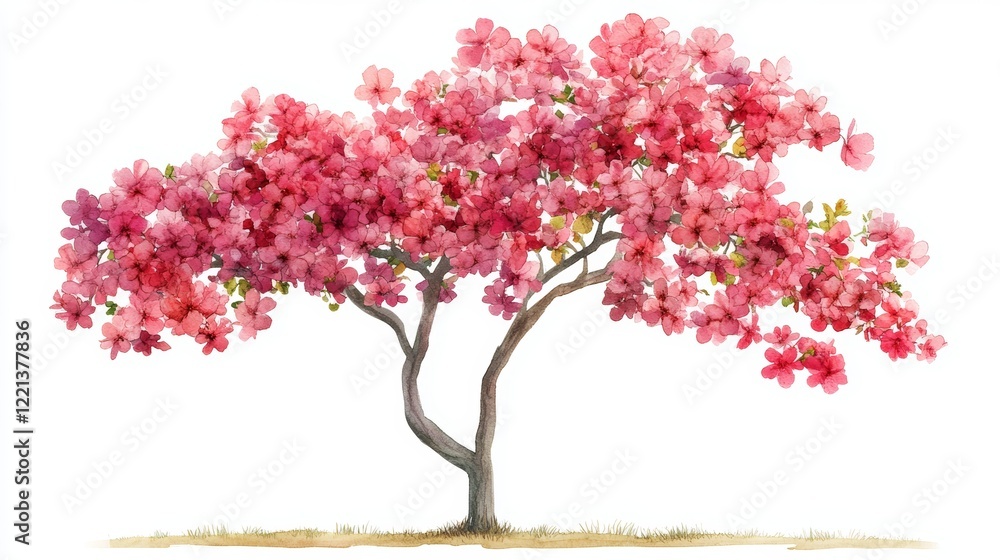 Fototapeta premium Watercolor Blooming Flower Tree Side View for Landscape and Architecture Drawing