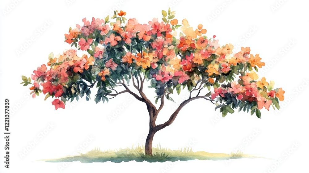 Fototapeta premium Watercolor Blooming Flower Tree Side View for Landscape and Architecture Drawing